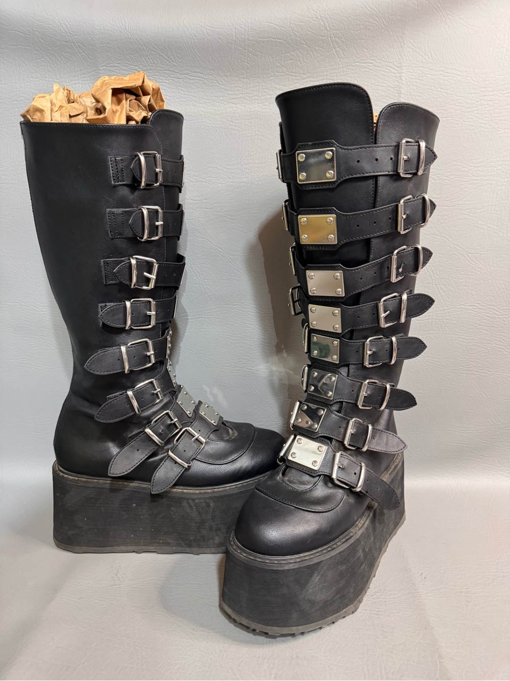 DEMONIA Damned 318 Multi Strap Goth Punk 3.5" Platform Boot Black Vegan Leather
